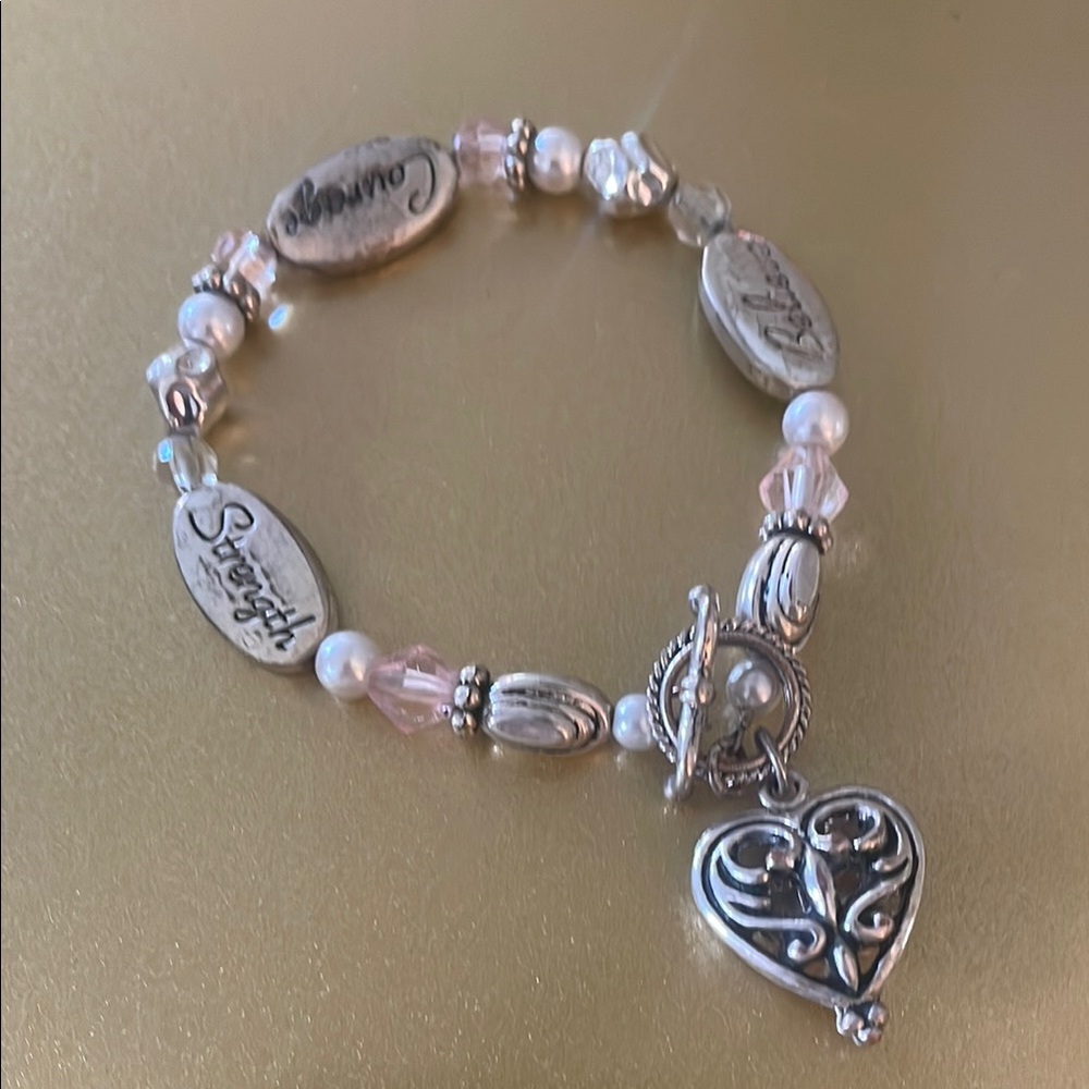 Silver Tone Pink Beaded Bracelet w/ Heart Charm and Strength, Believe & Courage